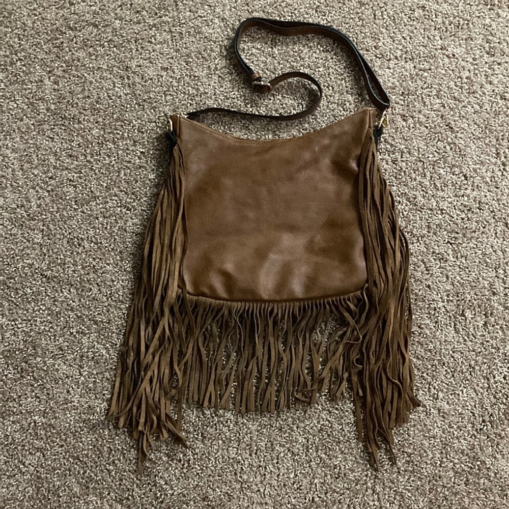 Rich, Supple, Brown Genuine-Leather Fringed Shoulder Bag - Picture 2 of 10